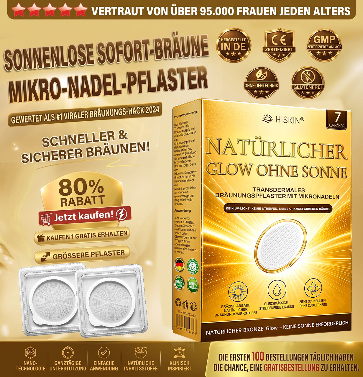 Offizieller Shop | ☀️☀️ Hiskin® Sunless Instant Bronze Tanning Microneedle Patch 🇩🇪  (Nur einmal täglich anwenden)  ✨ Sichtbar bronzene Bräune in nur 7 Tagen  ✅ Keine UV-Strahlung, kein Orangestich, keine Streifenbildung, kein DHA, kein Aufwand.