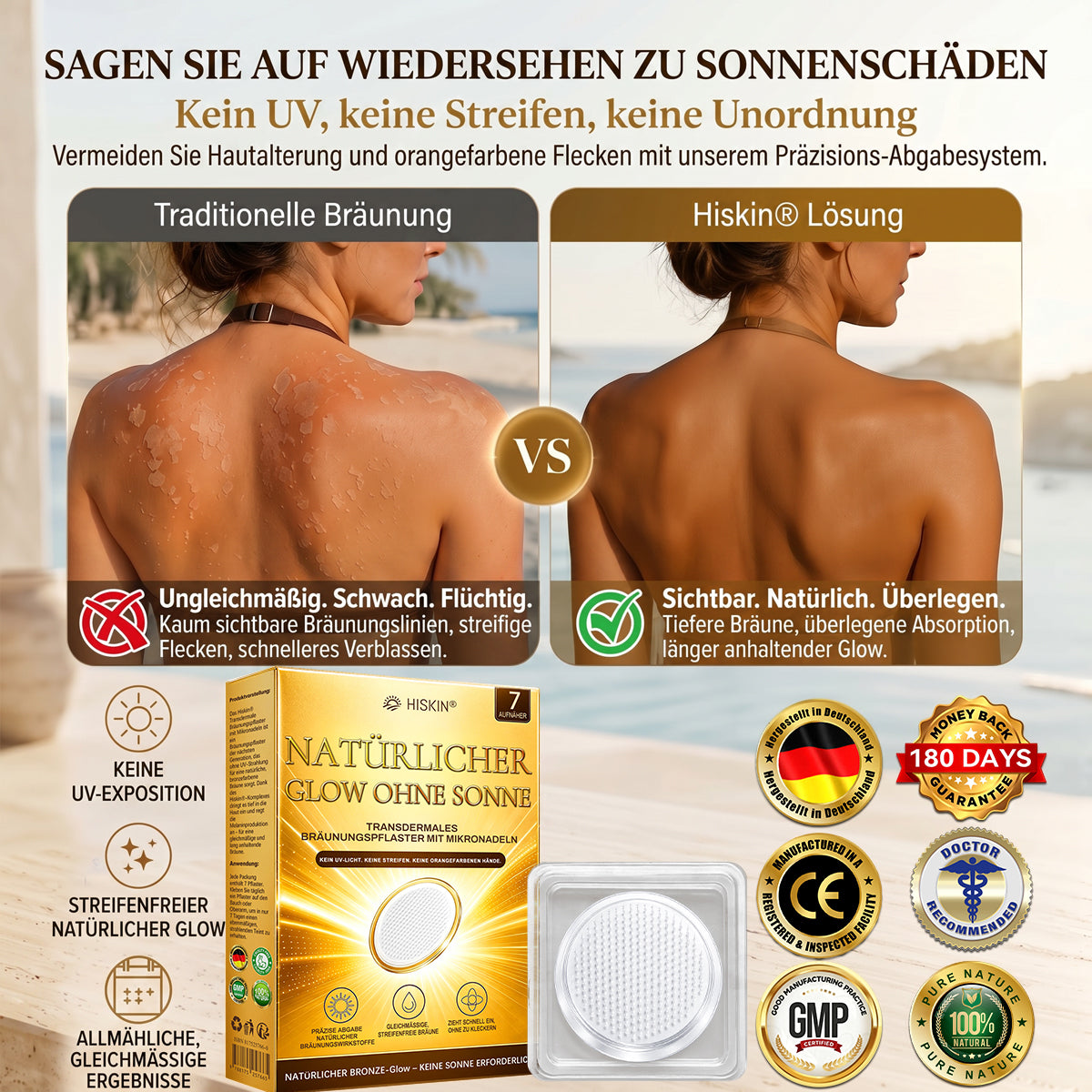 Offizieller Shop | ☀️☀️ Hiskin® Sunless Instant Bronze Tanning Microneedle Patch 🇩🇪  (Nur einmal täglich anwenden)  ✨ Sichtbar bronzene Bräune in nur 7 Tagen  ✅ Keine UV-Strahlung, kein Orangestich, keine Streifenbildung, kein DHA, kein Aufwand.